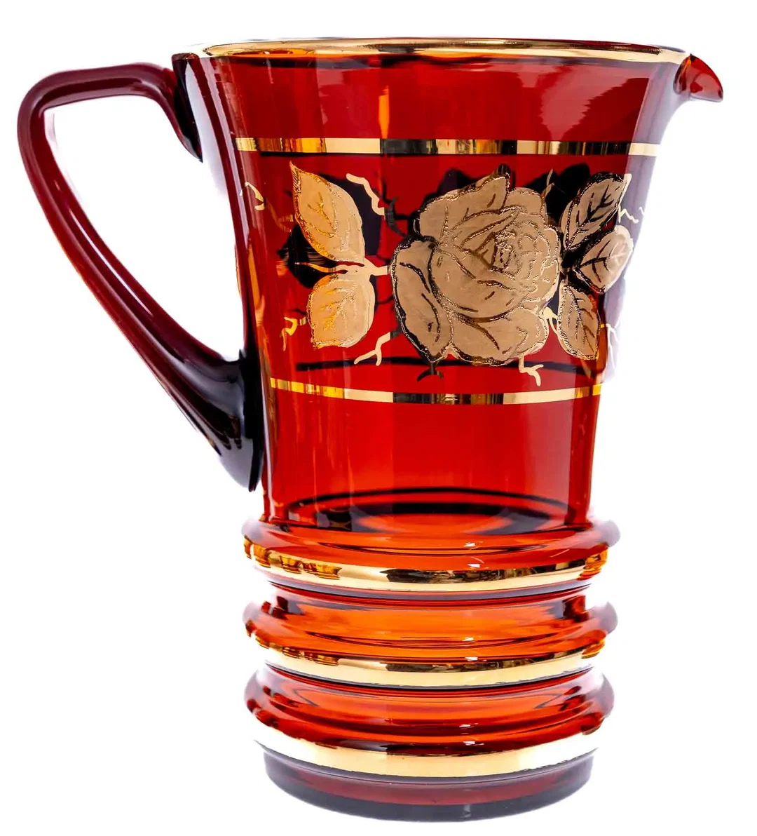 Glas-Krug + 6 Glas-Becher  mit Goldrand und Blumenmuster in braun – Bild 2