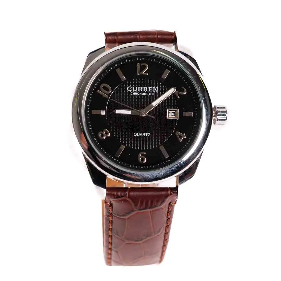 CURREN Quartz Herrenuhr Schwarz mit Datum, braunes Lederband - Bild 4