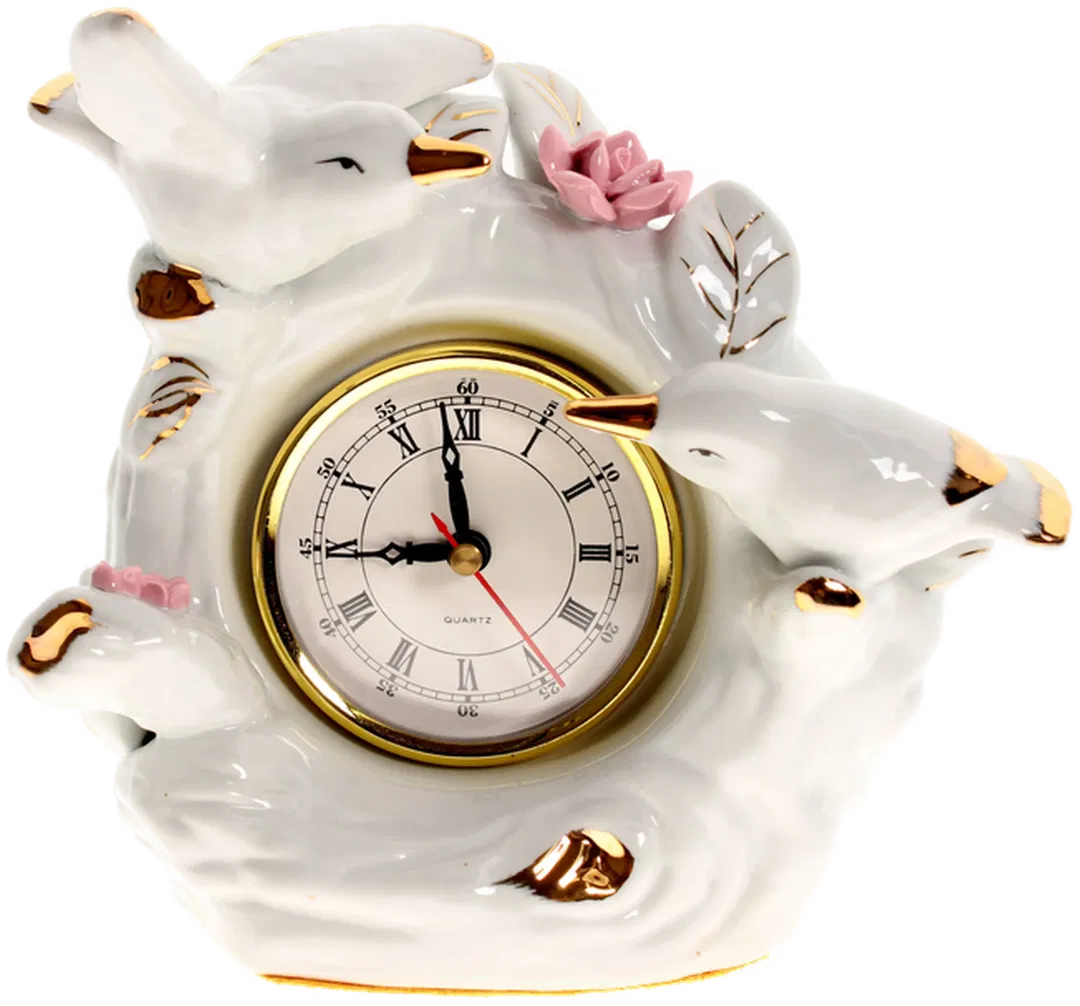 Porzellan-Tischuhr mit Vogelornamenten — Quarzwerk, Dekorativ, H = 17,5 cm - Bild 1
