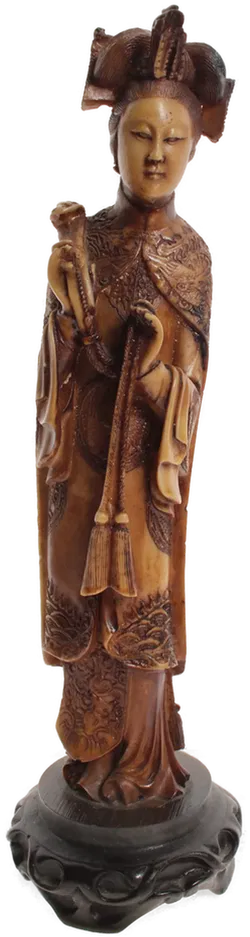 Chinesische Hofdamen-Figur auf Holzsockel, feine Reliefarbeit, Kunstharz in Elfenbeinoptik, ca. 35 cm - Bild 2
