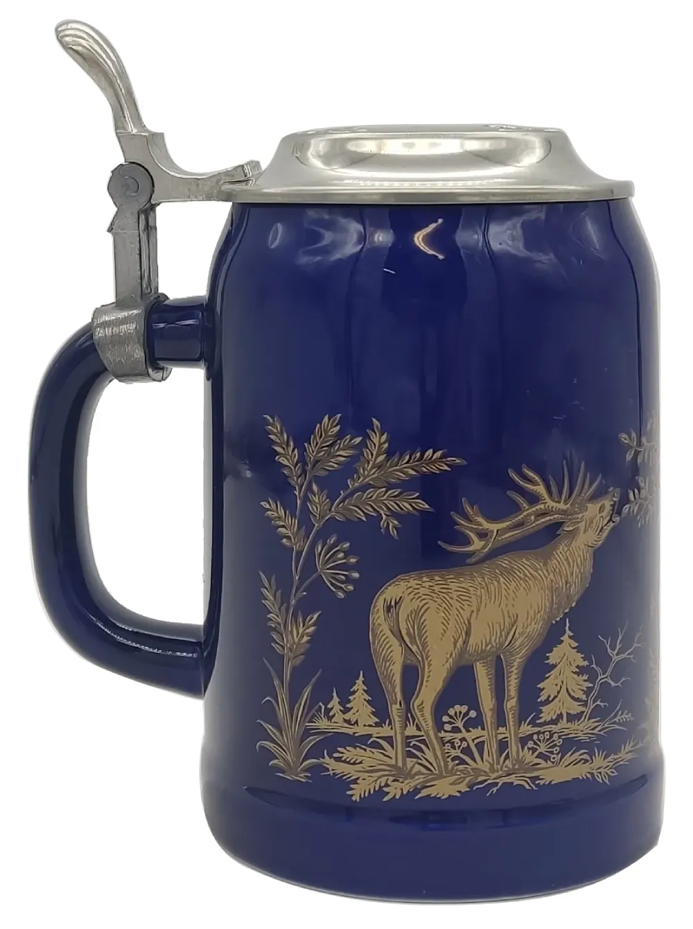 Jagdkrug/Bierkrug aus Porzellan mit Deckel in blau-gold, Höhe 17cm – Bild 2