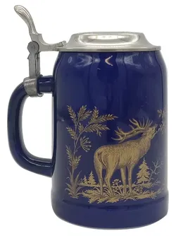 Jagdkrug/Bierkrug aus Porzellan mit Deckel in blau-gold, Höhe 17cm - Bild 2