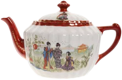 Japanisches Porzellan-Teeset mit Geisha-Dekor – 4-teilig, handbemalt, rot-gold - Bild 4