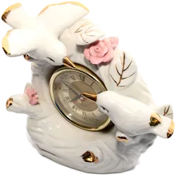 Porzellan Uhr mit Vögeln und Rosen – Weiß/Gold – Vintage Tischuhr – Quartz - Bild 3