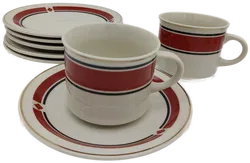 Service mit 6 Kaffeetassen mit Untertassen, weiß mit braunem Dekorrand, Größe 12tlg. - Bild 2