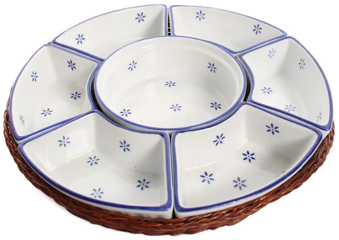 Vintage Servierset aus Keramik mit Korb – 7-teilig, rund - Bild 1