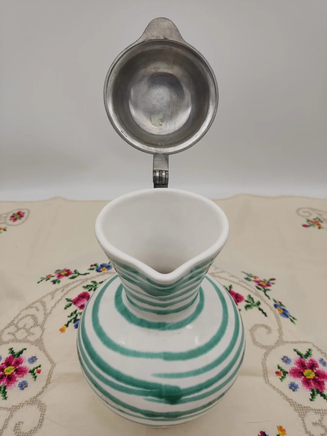 Gmundner Keramik Krug mit Zinndeckel "Grün geflammt" Vintage 50er/60er NEUWERTIG! Höhe 25cm – Bild 5