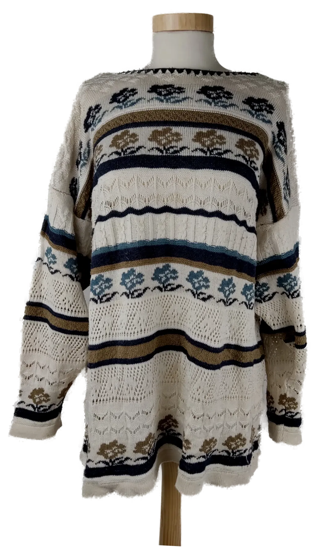 Pullover langarm mit Rundhalsausschnitt, gestrickt mit verschiedenen Mustern, beige/blau/braun, Größe XL (geschätzt) - Bild 1