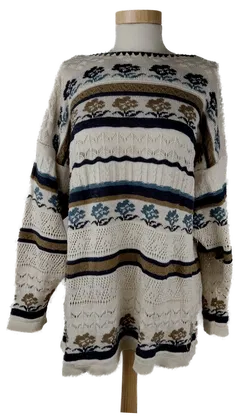 Pullover langarm mit Rundhalsausschnitt, gestrickt mit verschiedenen Mustern, beige/blau/braun, Größe XL (geschätzt) - Bild 1