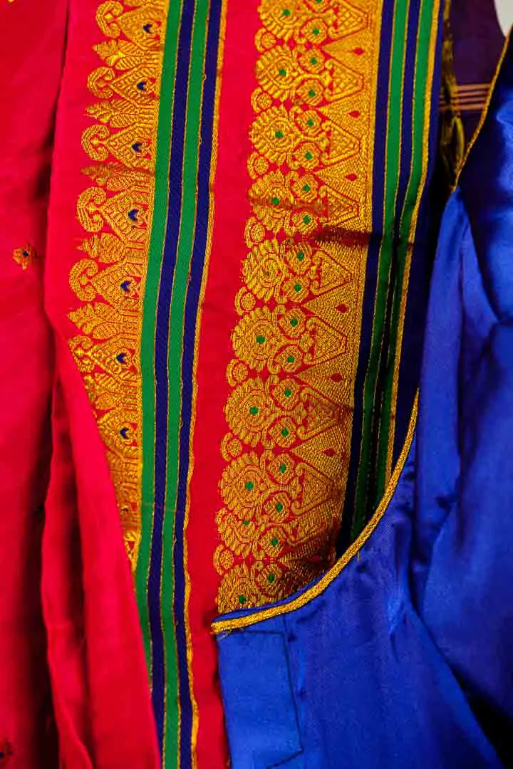 Thailändischer Sari / Thai Sarong | Traditionelle Tracht | Rot & Blau mit Goldstickerei | 2-teilig – Bild 4