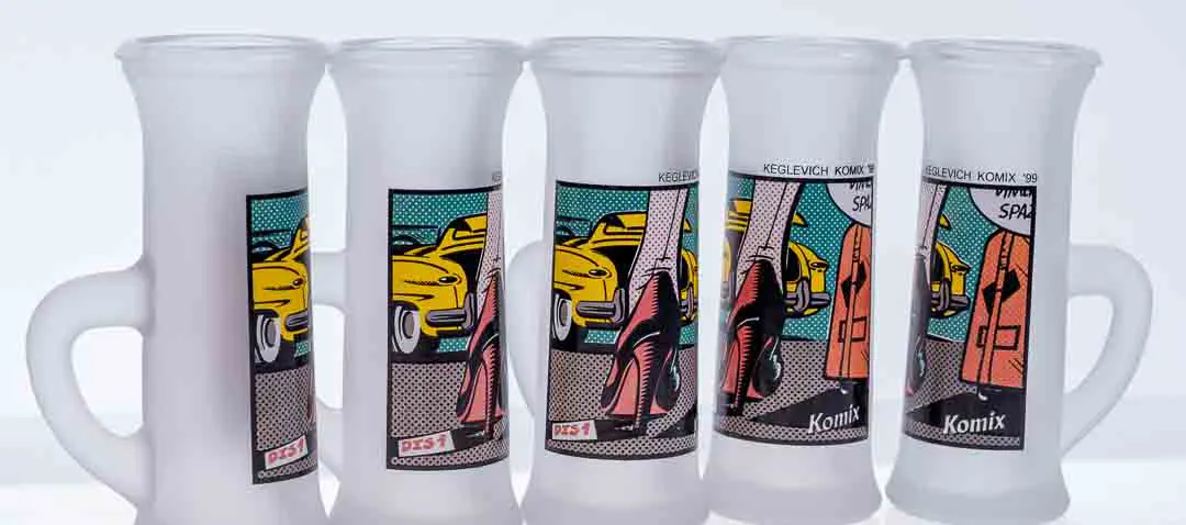 KEGLEVICH Komix '99 Wodka Schnapsglas Set mit Pop Art Motiv (5 Stück) – Bild 3