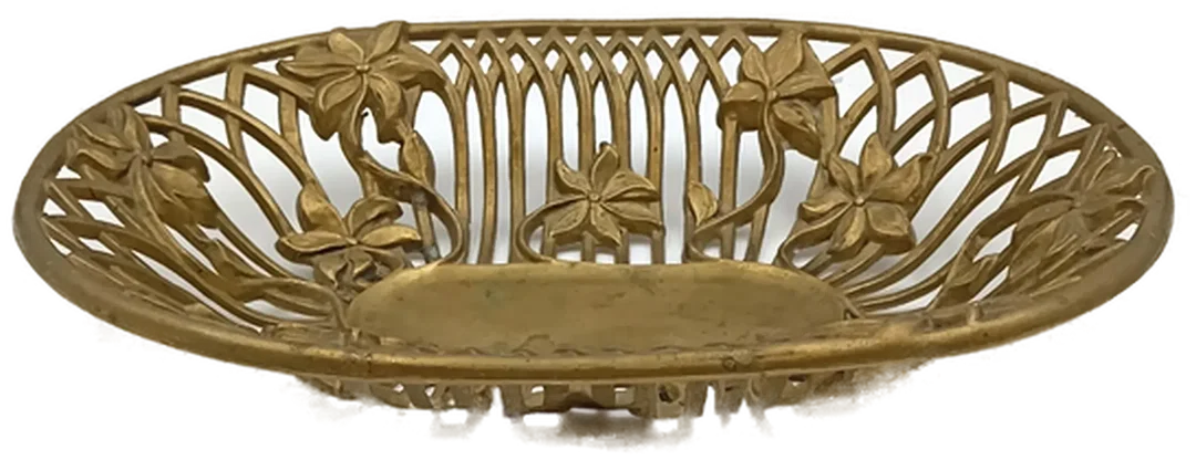 Jugendstil Messingschale "MOD DEP" – Ovale Dekoschale mit floralem Durchbruchmuster – Bild 4