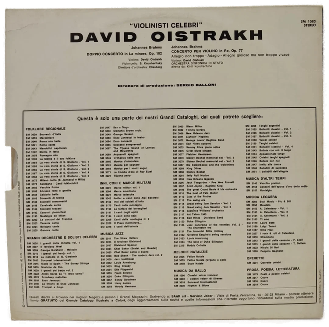 Vinyl LP - David Oistrakh, Johannes Brahms  - Violinisti Celebri  – Bild 2
