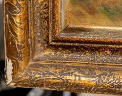 Vintage Bild Gemälde mit Geschichte Öl auf Leinwand Landschaft Bauern Feld Arbeit Heuballen Signiert 1948 - Bild 4