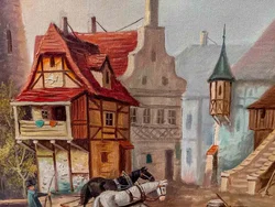 Großes Ölgemälde Hafenstädtchen, signiert Reinold, Prunkrahmen 114x74cm – Vorschau 3