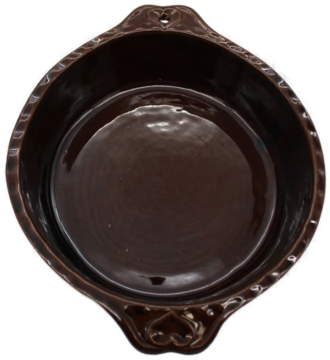 Keramik-Auflaufform, braun glasiert, Ø ca. 21,5 cm, Tiefe ca. 5,5–6 cm, Westdeutschland, Griffe mit Herz-Ösen – Bild 2