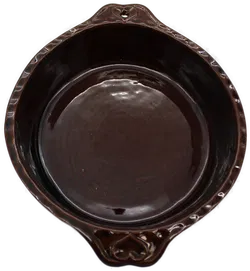 Keramik-Auflaufform, braun glasiert, Ø ca. 21,5 cm, Tiefe ca. 5,5–6 cm, Westdeutschland, Griffe mit Herz-Ösen - Bild 2