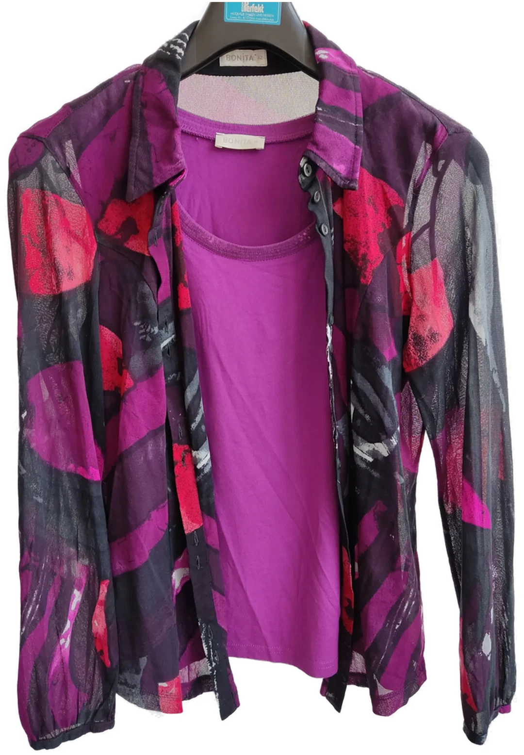 Bonita Damenbluse schwarz, lila, rot - M - Flohmarkt – Bild 1