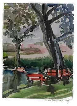 Gerahmtes Aquarell Bild 'Die Rote Bank' -1915 | Vintage-Schatz - Bild 1